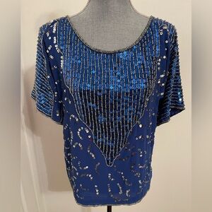 Aryn K Royal Blue Sequin Blouse. Size Large